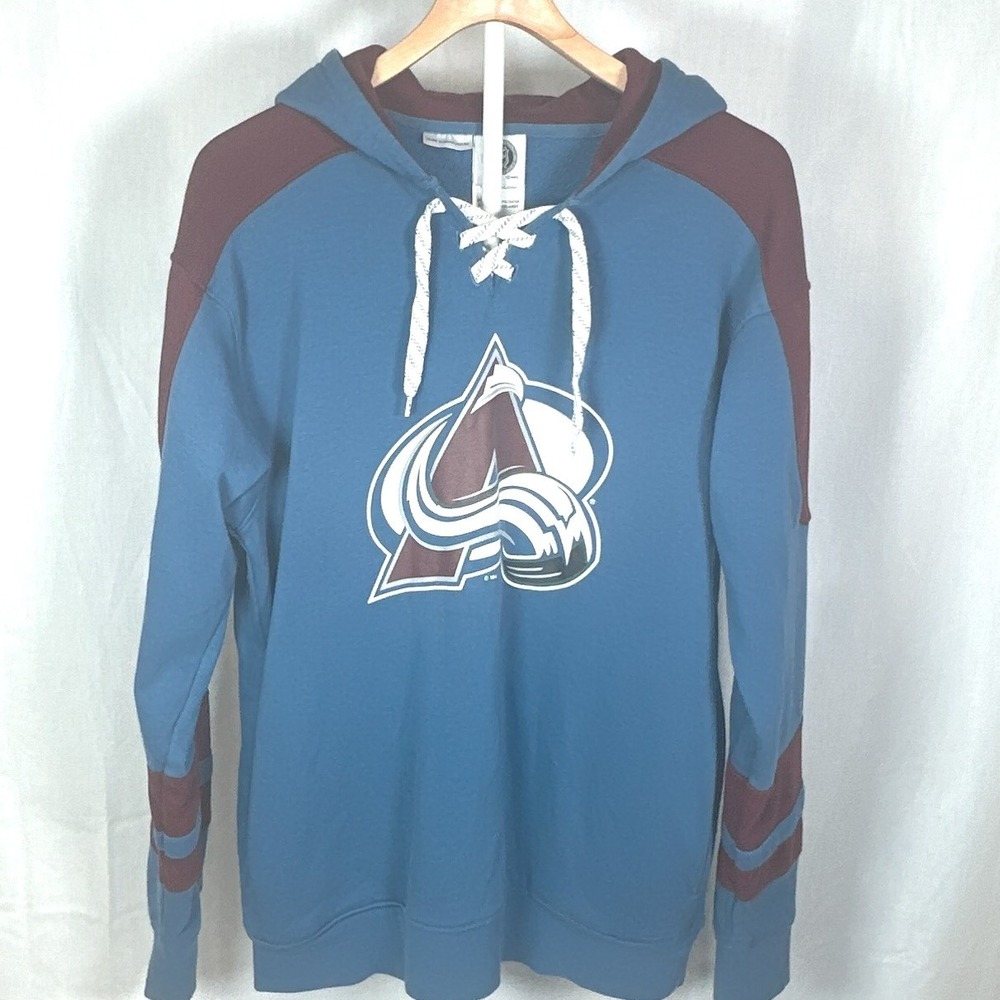 NHL Colorado Avalanche Hoodie Blue Burgundy Lace Up Sweatshirt Mens Medium